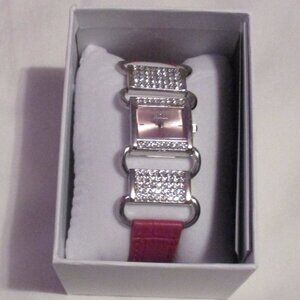 Strada Austrian Crystal Japanese Movement Watch with Rose Red Faux Leather Band